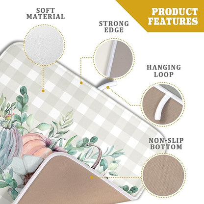 Fall Colorful Pumpkin Dish Drying Mat for Kitchen Counter,Green Leaves Drying Mat with Hanging Loop 16 x 18 Inch Microfiber Grey White Check Plaids Dish Drying Pad Dish Rack Drainer Mat for Coffee Bar