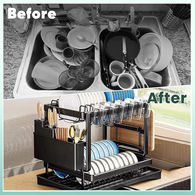 Dish Drying Rack,2-Tier Dish Racks for Kitchen Counterwith Drainboard & Utensil Holder,Large Dish Drying Rack for Bowls/Cups/Bottles(Black)