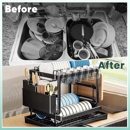 Dish Drying Rack,2-Tier Dish Racks for Kitchen Counterwith Drainboard & Utensil Holder,Large Dish Drying Rack for Bowls/Cups/Bottles(Black)