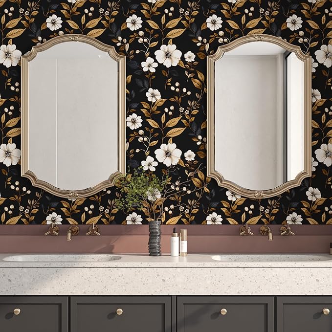 Fvlow Vintage Black Floral Wallpaper Peel and Stick 17.4" x 118", Retro Golden Leaf White Flower Pattern Contact Paper Classic Removable Covering for Bedroom Bathroom Cabinet Drawer Home Decor Dark