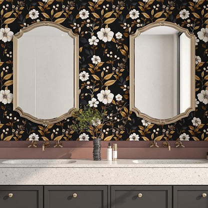 Fvlow Vintage Black Floral Wallpaper Peel and Stick 17.4" x 118", Retro Golden Leaf White Flower Pattern Contact Paper Classic Removable Covering for Bedroom Bathroom Cabinet Drawer Home Decor Dark