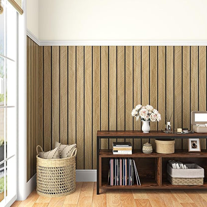 Wallercity 3D Wood Grain Wall Panels Self Adhesive Wood Slats Wall Paneling for Walls Soundproof Peel and Stick Wooden Panel for Living Room Bedroom Bathroom Waterproof Fence Wallpaper 11.7''x197''