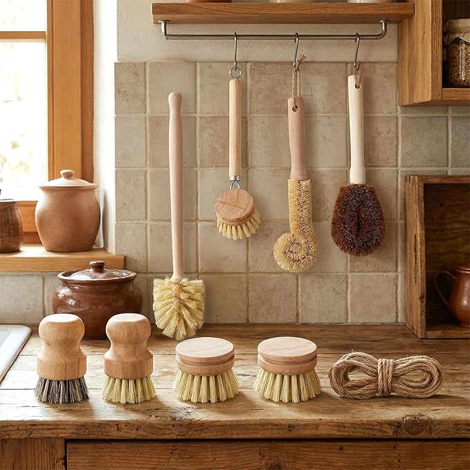 8 Pcs Bamboo Dish Brush Dish Washing Scrub Bottle Brushes Wooden Palm Pot Brush Cleaning Scrubbers with Natural Sisal Bristles Long Handle for Pots Pans, Vegetables, Household Cleaning