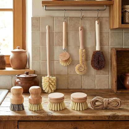 8 Pcs Bamboo Dish Brush Dish Washing Scrub Bottle Brushes Wooden Palm Pot Brush Cleaning Scrubbers with Natural Sisal Bristles Long Handle for Pots Pans, Vegetables, Household Cleaning