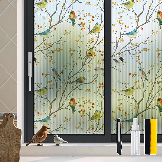 DKTIE Reeded Glass Window Film Seamless Pattern with Colored Birds Bathroom Window Privacy Film Waterproof Easy to Install Renter Friendly (S3533R, 35.4in X 78.7in)