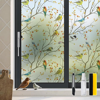 DKTIE Reeded Glass Window Film Seamless Pattern with Colored Birds Bathroom Window Privacy Film Waterproof Easy to Install Renter Friendly (S3533R, 35.4in X 78.7in)