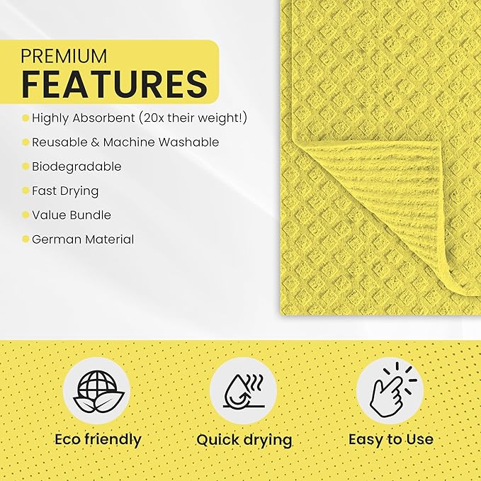 Swedish DishCloths - 10 Pack (Yellow), (German Material) Reusable Cellulose Sponge Cloth for Kitchen - Household, Highly Absorbent, No-Odor Dishcloth
