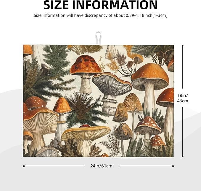 Mushroom Forest Dish Drying Mats for Kitchen Counter, Absorbent Reversible Microfiber Dish Drying Pad, Multi-Use Large Drying Mat Coffee Bar Accessories 18"x24"