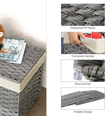 SONGMICS Storage Basket with Lid, Woven Blanket Storage Bin with Handles, Foldable, Removable Liner, Metal Frame, for Bedroom, Laundry Room, 42.3 Gallons (160 L), Gray URST76WG