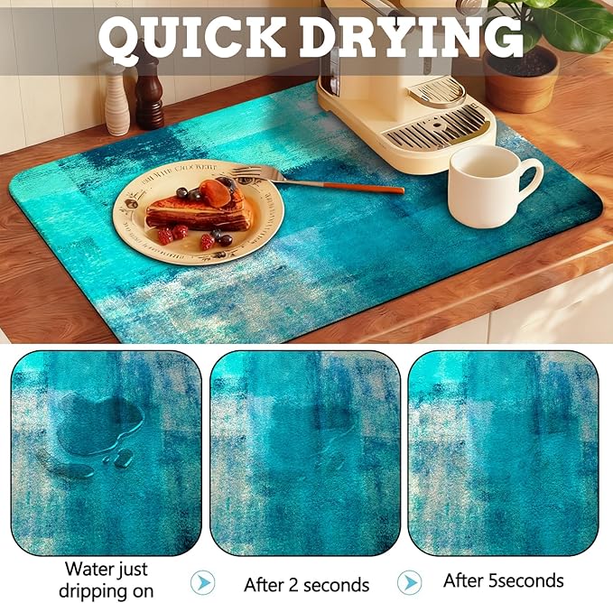 MCALK Turquoise Coffee Mat for Kitchen Counter, Teal Dish Drying Pad with Anti-Slip Rubber Base, Absorbent Kitchen Sink Mat with Abstract Art Decor,Turquoise 12"x20"