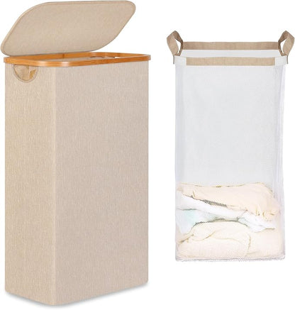 65L Slim Laundry Hamper, Narrow Laundry Basket with Lid,Foldable Clothes Hamper with Bamboo Handles,Hamper Basket with Removable Inner Bag for Laundry Room Bedroom College Dorm,Oatmeal
