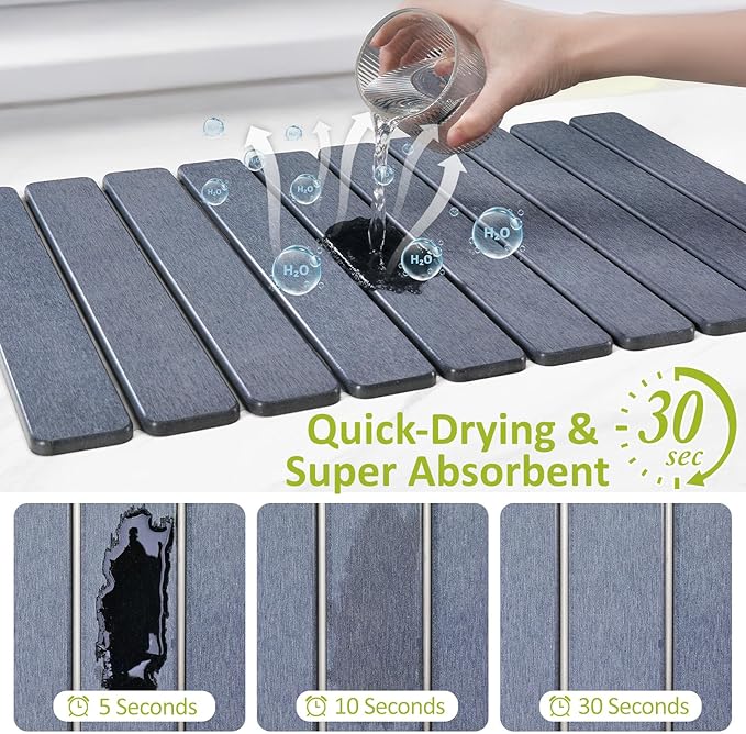 Large Stone Dish Drying Mat for Kitchen Counter, 24"(L)×16"(W), Collapsible Quick Dry Stone Dish Mats, Super Absorbent Diatomaceous Earth Drying Pad for Dishes Bottles Cups, Countertops (Black Grey)