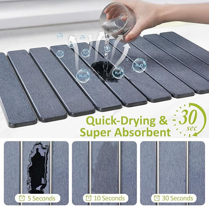 Large Stone Dish Drying Mat for Kitchen Counter, 24"(L)×16"(W), Collapsible Quick Dry Stone Dish Mats, Super Absorbent Diatomaceous Earth Drying Pad for Dishes Bottles Cups, Countertops (Black Grey)