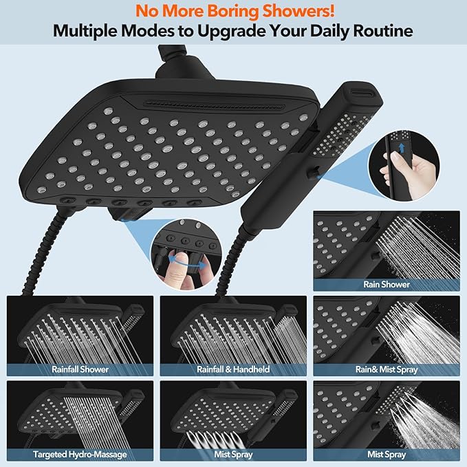 JDO High Pressure Shower Head, 7 Spray Modes Rain Shower Heads with Handheld Spray Combo,Dual Showerhead with 10 Inch Rainfall Spray, Detachable Hand Held Shower, Stainless Steel Hose, Power Wash