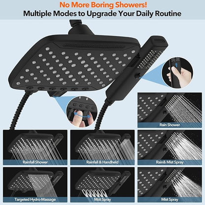 JDO High Pressure Shower Head, 7 Spray Modes Rain Shower Heads with Handheld Spray Combo,Dual Showerhead with 10 Inch Rainfall Spray, Detachable Hand Held Shower, Stainless Steel Hose, Power Wash