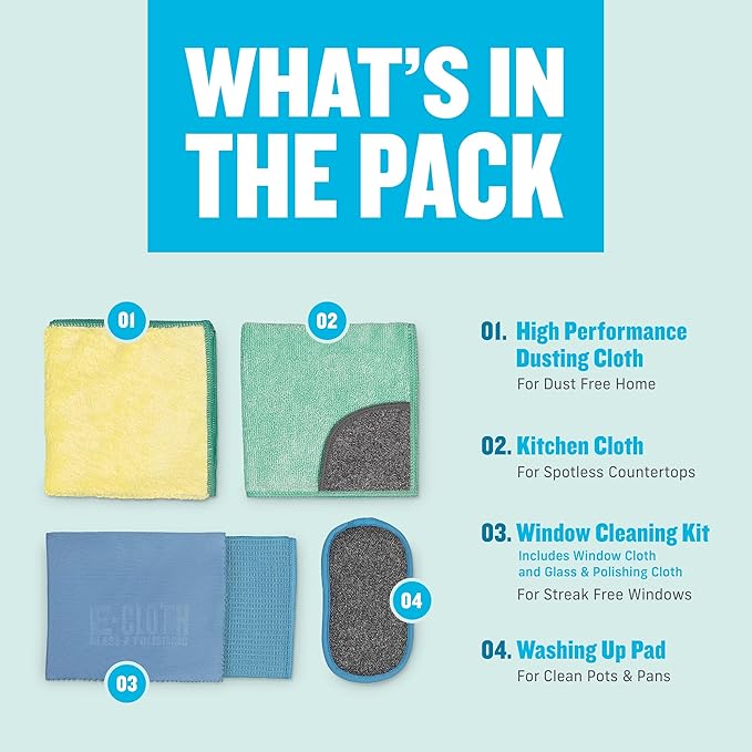E-Cloth Essential Starter Pack - Microfiber Cleaning Cloth Kit, Window, Glass, & Kitchen Cleaning Towels, Washing up Pad, Streak Free & Shiny Finish, Cleans with Just Water, Machine Washable, Reusable