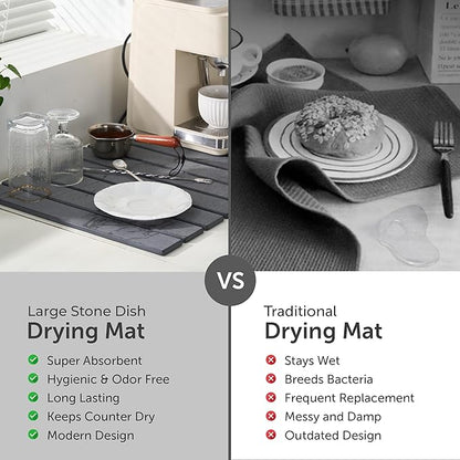 Large Stone Dish Drying Mat for Kitchen Counter - Quick Dry Stone Dishes Mats, Foldable Water Absorbing Diatomaceous Earth Drying Organizer Pad for Rack Bottles Plate (Dark Gray 24"×16" & 8"x5")