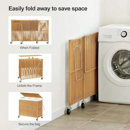 WOWLIVE Laundry Hamper with Wheels, 160L Handwoven Rolling Laundry Basket 3 Section with Lid, Clothes Hamper with Removable Liner Bags, Large Capacity Laundry Sorter Laundry Room Organization, Natural