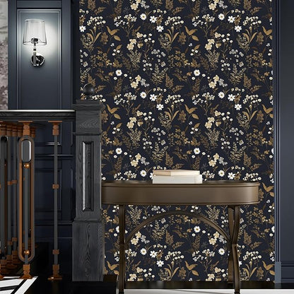 Laatse Dark Floral Wallpaper Peel and Stick 17.5" x 393" Navy Gold Leaf Wallpaper Vinyl Waterproof Self-Adhesive Boho Botanical Wall Paper Navy Blue Decor for Bathroom Bookcase Bedroom Cabinet