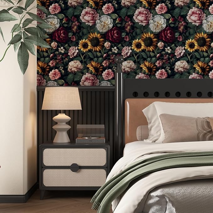 Extra Long Dark Green Leaf Floral Wallpaper 17.5In x 393In, Vintage Flower Garden Botanical Removable Wallpapers Self-Adhesive Contact Paper for Bedroom Cabinet, Accent Wall Decor Hunter Green