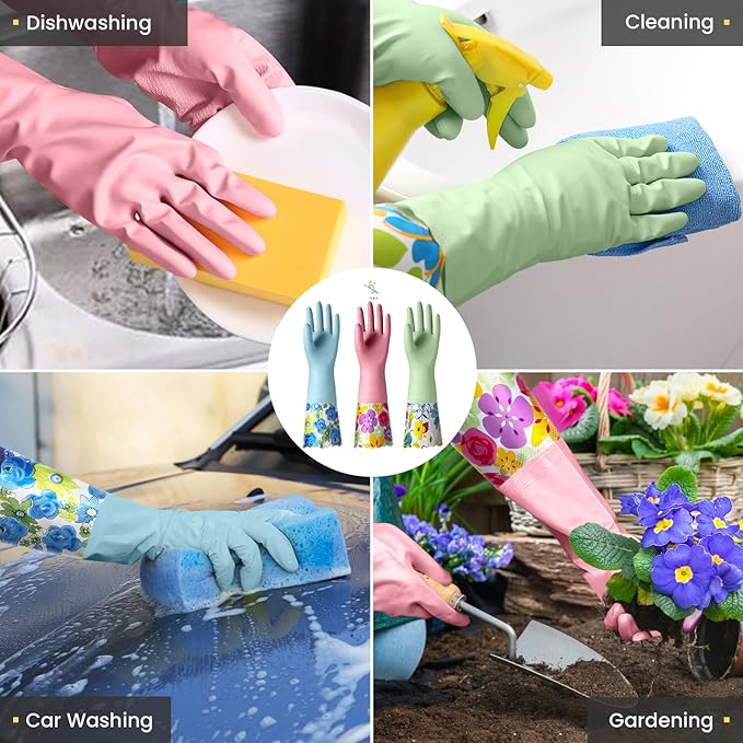 KAQ 3 Pairs Dishwashing Cleaning Gloves, Reusable Long Rubber Gloves with Cotton Lining, Latex Free Dish Washing Gloves, Water Resistant Household Glove for Kitchen Bathroom(Medium)