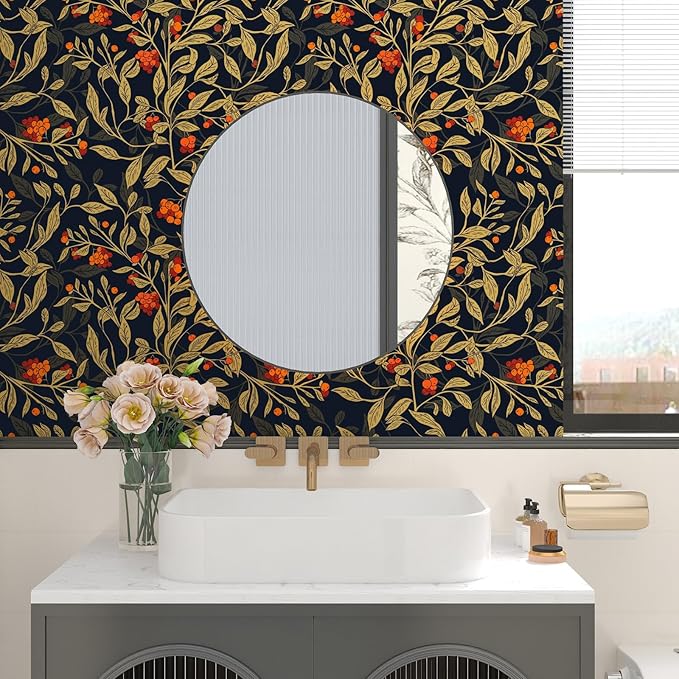 Extra Long Dark Floral Peel and Stick Wallpaper - 17.5In x 32.8Ft Vintage Botanical Self-Adhesive Vinyl Contact Paper for Cubicles Drawers Cabinets Leaf Fruit Pattern Black Yellow Gold Orange