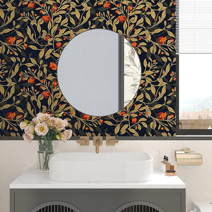 Extra Long Dark Floral Peel and Stick Wallpaper - 17.5In x 32.8Ft Vintage Botanical Self-Adhesive Vinyl Contact Paper for Cubicles Drawers Cabinets Leaf Fruit Pattern Black Yellow Gold Orange