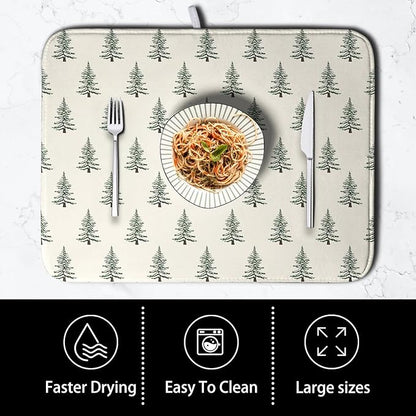 Christmas Tree Dish Drying Mat Winter Xmas Holiday Drying Mats Microfiber Absorbent Dishes Drying Pad Reusable Washable Kitchen Countertop Protector Dish Drainer Rack Mat 18x24 Inch