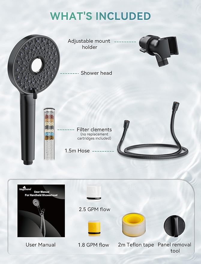 Magichome Filtered Shower Head with Handheld, High Pressure 10-Spd Detachable Chrome Showerhead with Stainless Hose, Water Softener Filter Beads for Hard Water - Remove Chlorine, Black