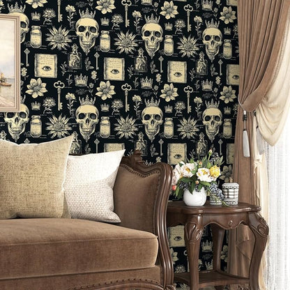Skull Wallpaper Peel and Stick, Black Beige Witcher Gothic Contact Paper, Vintage Fancy Wall Paper Self Adhesive Removable Waterproof for Bathroom Bedroom Shelf Cabinet Drawer Table 17.5" x 118"