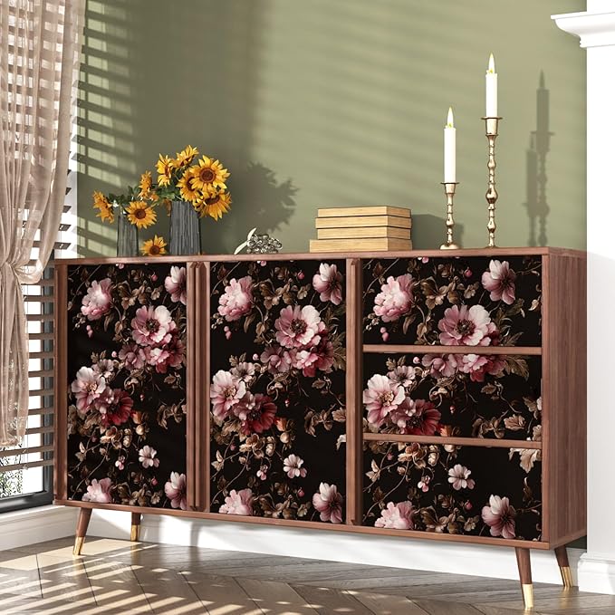 Black Floral Wallpaper Peel and Stick Pink Peony Vintage Flowers with Dark Brown Leaf Vinyl Self Adhesive Removable Contact Paper Wall Mural for Bedroom Walls Living Room Cabinets Decor 17.5" x 118"