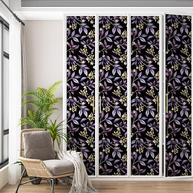 Extra Long Vintage Purple Leaves Wallpaper, 17.5In x 393In Black Botanical Design Self-Adhesive Removable Wall Paper for Bedroom Bathroom Cubicle Vinyl Dark Moody Contact Paper Wall Decor