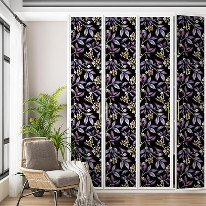 Extra Long Vintage Purple Leaves Wallpaper, 17.5In x 393In Black Botanical Design Self-Adhesive Removable Wall Paper for Bedroom Bathroom Cubicle Vinyl Dark Moody Contact Paper Wall Decor
