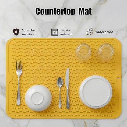MicoYang Silicone Dish Drying Mat for Multiple Usage,Easy clean,Eco-friendly,Heat-resistant Silicone Mat for Kitchen Counter or Sink,Refrigerator or drawer liner Yellow L 16 inches x 12 inches