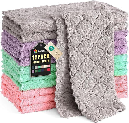 Homaxy 12 Pack Kitchen Dish Cloths (10 x 10 Inches, Multi Color), Super Soft and Absorbent Coral Velvet Dish Towels, Nonstick Oil Fast Drying Microfiber Cleaning Cloth, No Lint Household Dishcloths