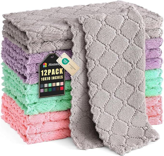 Homaxy 12 Pack Kitchen Dish Cloths (10 x 10 Inches, Multi Color), Super Soft and Absorbent Coral Velvet Dish Towels, Nonstick Oil Fast Drying Microfiber Cleaning Cloth, No Lint Household Dishcloths