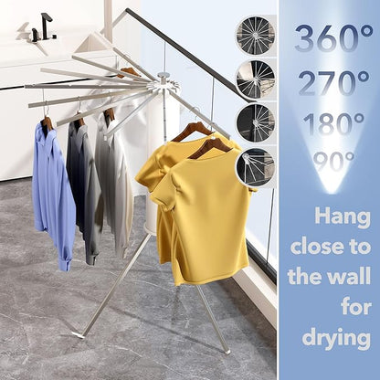 Tripod Clothes Drying Rack, Laundry Drying Rack for Clothing, Foldable Collapsible Space-Saving Umbrella Dryer with 16 Rods, Floor Standing Rack for Indoor Outdoor Use, Aluminum