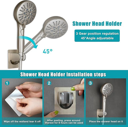 Handheld Shower Head with on off Switch&Built-in Power Spray,7-Setting High Pressure Shower Wand with 79in Long Hose&Bracket and Extra Adhesive Shower Holder for Lower Mount,Brushed Nickel