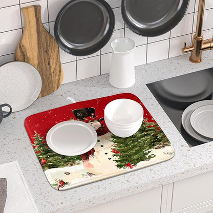 Christmas Snowman Dish Drying Mat for Kitchen Counter 16x18 Inch Watercolor Xmas Tree Bird Print Absorbent Reversible Microfiber Drying Mats Kitchen Countertop Protector Dishes Drainer Rack Pad