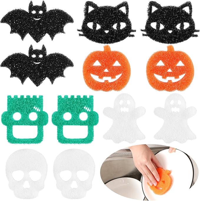 Umigy 12 Pcs Halloween Cleaning Sponges Cute Kitchen Scrub Sponges Ghost Bat Pumpkin Cat Sponge Temperature Sensitive Non Scratch Household Cleaning Sponges Scrubber for Dish Pots and Pans Dishwashing