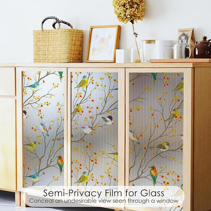 DKTIE Reeded Glass Window Film Seamless Pattern with Colored Birds Bathroom Window Privacy Film Waterproof Easy to Install Renter Friendly (S3533R, 17.7in X 78.7in)