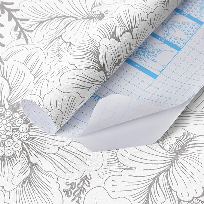 Guvana 17.3in×118in Floral Peel and Stick Wallpaper Boho Contact Paper Grey and White Wall Paper Modern Waterproof Wallpaper for Bathroom Bedroom Neutral Farmhouse Self Adhesive Removable Vinyl Roll