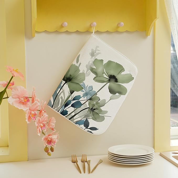 Spring Dish Drying Mat 18x24 Inches For Kitchen Counter Absorbent Blue Green Floral Kitchen Decoration Drying Mat Summer Flower Decorative Pad For Home Kitchen,Dining Room,Office Decoration