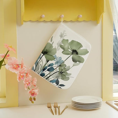 Spring Dish Drying Mat 18x24 Inches For Kitchen Counter Absorbent Blue Green Floral Kitchen Decoration Drying Mat Summer Flower Decorative Pad For Home Kitchen,Dining Room,Office Decoration