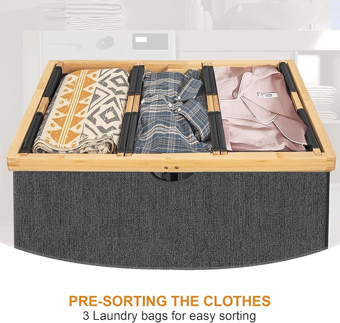 WOWLIVE 180L Laundry Hamper 3 Section, Bamboo Laundry Basket with lid, Extra Large Dirty Clothes Hamper with Removable Bags, Laundry Bin Organizer Storage for Dorm Bedroom Bathroom, Black
