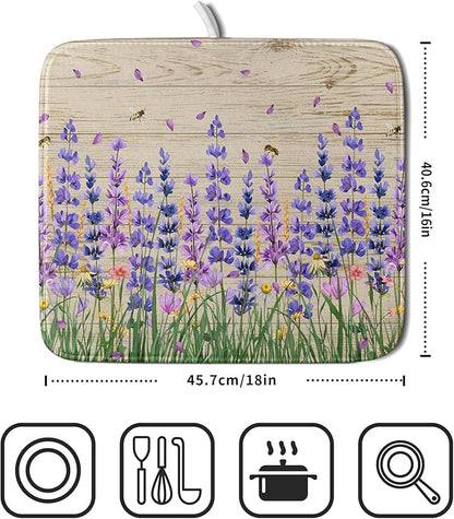Lavender Floral Dish Drying Mat 16x18 inch Spring Summer Flower Decorative Fast Dry Dishes Drainer Mats Reversible Washable Dish Rack Pad