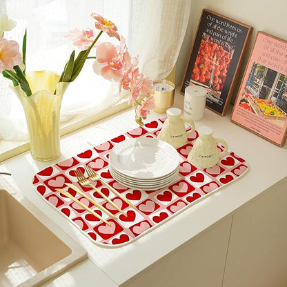 Valentines Day Dish Drying Mats 18x24 Inch Pink Red Heart Plaid Drying Mats Anniversary Holiday Checkered Valentines Decorations Absorbent Drying Dish Mats for Kitchen Dining Room Counter Decor