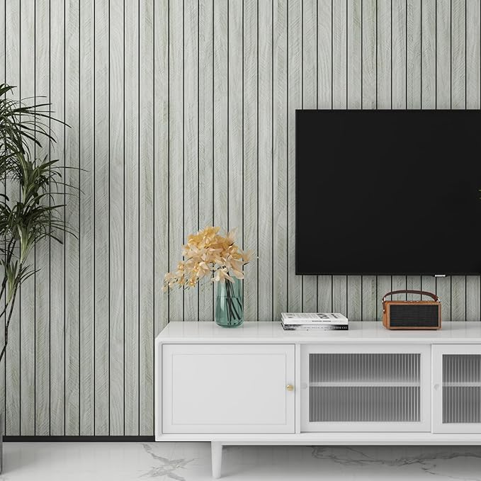 LaCheery 23.6"x157" 3D Faux Wood Wall Panels Peel and Stick Gray Fluted Wood Panel Wall Covering Panels Flexible Self Adhesive PVC Foam Wooden Panel Roll for Bathroom Kitchen Living Room Walls Decor