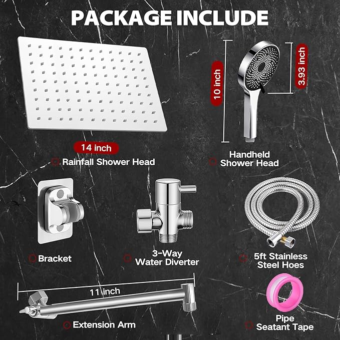 14 Inch Shower Head, Rain Shower Head with Adustable Extension Arm, Detachable Silver Rina Shower Head with Handheld Spray, High Pressure Shower Hose with Holder in Bathroom