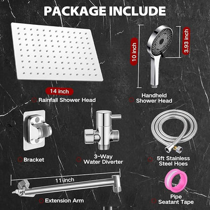 14 Inch Shower Head, Rain Shower Head with Adustable Extension Arm, Detachable Silver Rina Shower Head with Handheld Spray, High Pressure Shower Hose with Holder in Bathroom